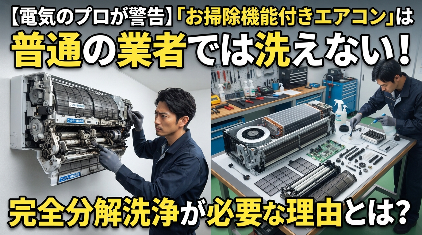 【電気のプロが警告】「お掃除機能付きエアコン」は普通の業者では洗えない！完全分解洗浄が必要な理由とは？