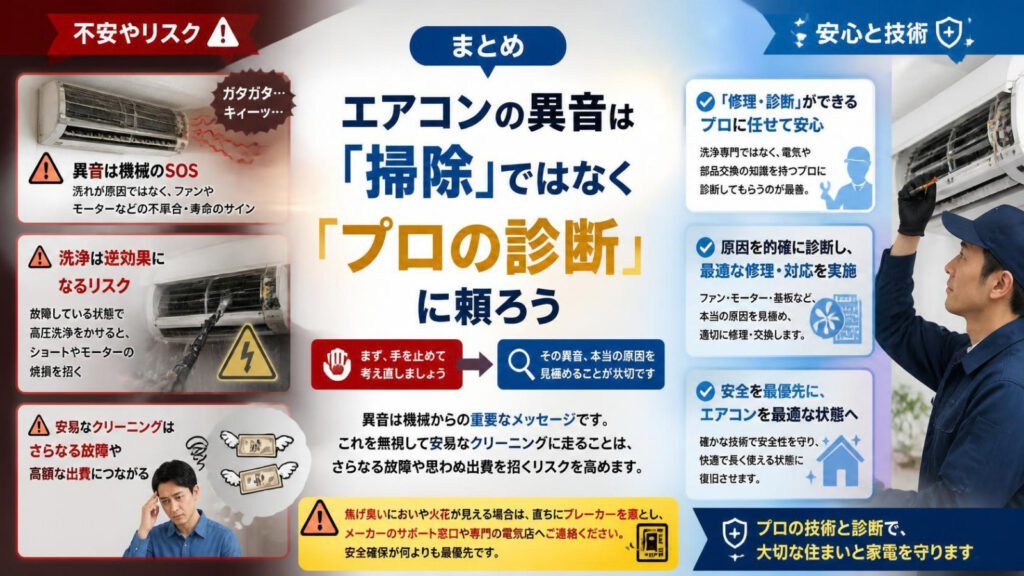 まとめ：エアコンの異音は「掃除」ではなく「プロの診断」に頼ろう