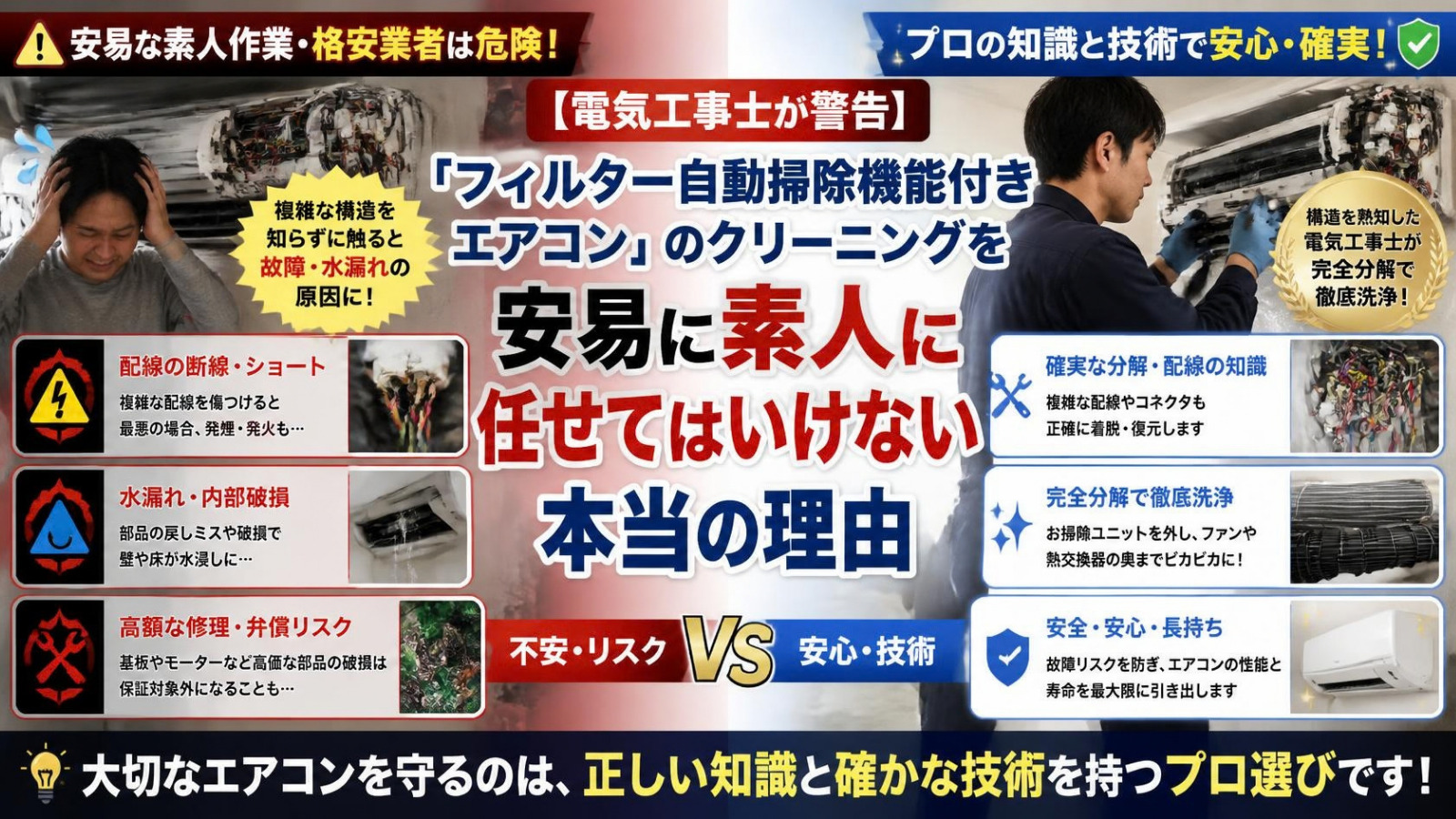 【電気工事士が警告】「フィルター自動掃除機能付きエアコン」のクリーニングを安易に素人に任せてはいけない本当の理由
