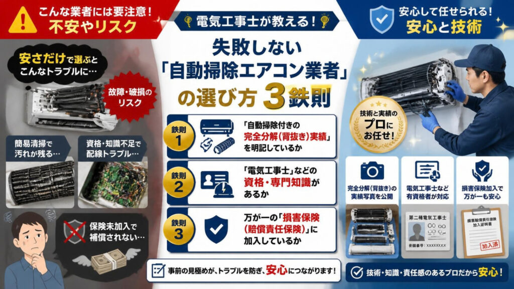 電気工事士が教える！失敗しない「自動掃除エアコン業者」の選び方3鉄則