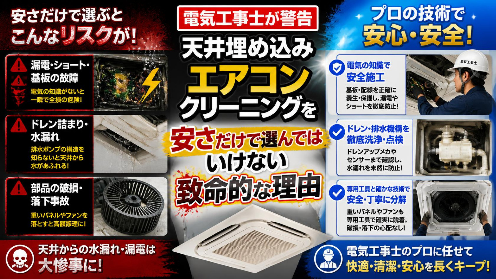 【電気工事士が警告】「天井埋め込みエアコンクリーニング」を安さだけで選んではいけない致命的な理由