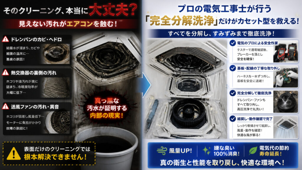 プロの電気工事士が行う「完全分解洗浄」だけがカセット型を救える理由