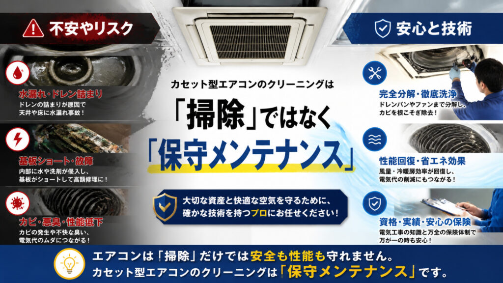 まとめ：カセット型エアコンのクリーニングは「掃除」ではなく「保守メンテナンス」